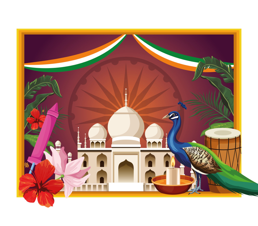 India national monument tourism, card and banner frame with patriotic symbols and flag emblem. vector illustration graphic design